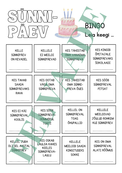 "SÜNNIPÄEV - bingo"