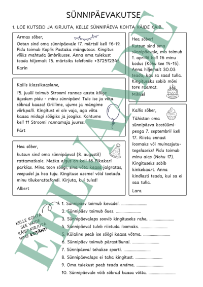"SÜNNIPÄEV - kutse (lugemisülesanded ja kirjutamine)" (2 lk)