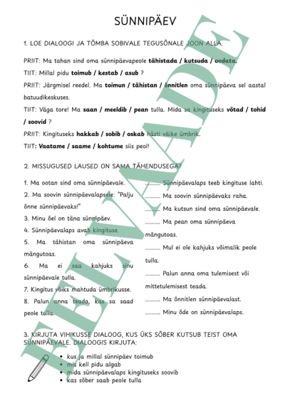 "SÜNNIPÄEV - sõnavaraülesanded ja kirjutamine"