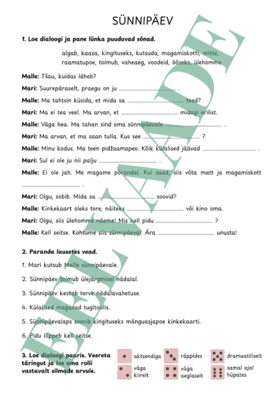 "SÜNNIPÄEV - dialoog ja ülesanded"