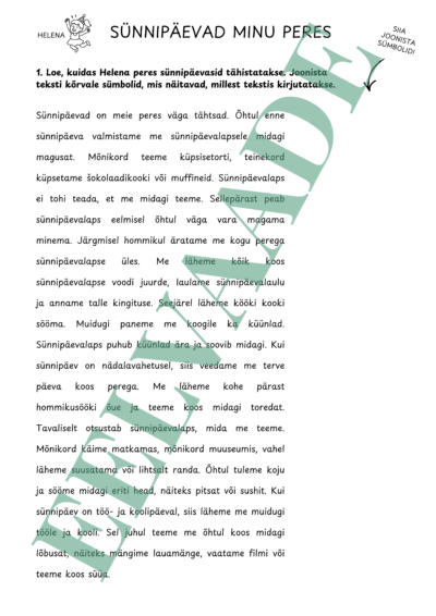 "SÜNNIPÄEV - lugemistekst ja ülesanded (2 lk)"
