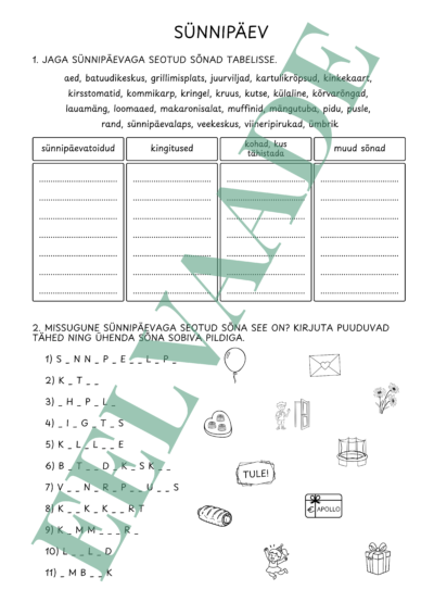 "Sünnipäev - sõnavaraülesanded"