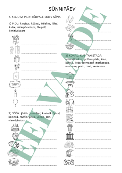 "Sünnipäev - sõnavaralehed ja lünktest (2 lk)"