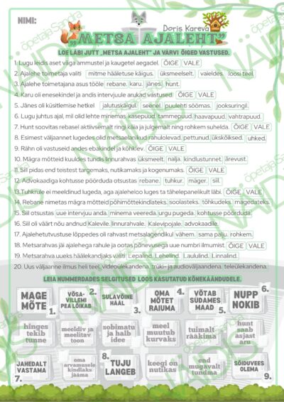 “METSA AJALEHT” (D. KAREVA) FUNKTSIONAALSET LUGEMISOSKUST ARENDAV LUGEMISTEST-TÖÖLEHT