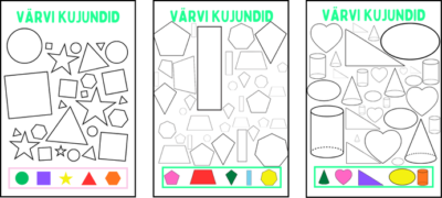 „Värvi kujundid – 3 töölehte (värvide ja kujundite harjutamine lastele)”