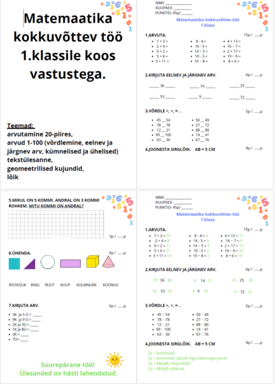 Kokkuvõttev tööleht matemaatika 1.klass