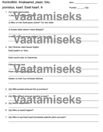 Kontrolltöö. Ilmakaared, plaan, foto, joonistus, kaart, Eesti kaart.
