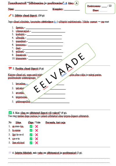 Tunnikontroll "Silbitamine ja poolitamine" 5. klass