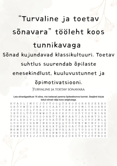 "Turvaline ja toetav sõnavara" tööleht koos tunnikavaga