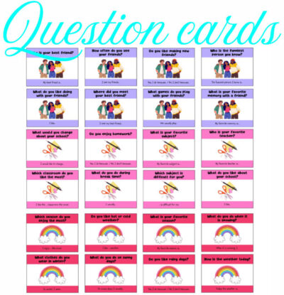 Question cards in English. Question Card Set. Family. Friends. School. Hobbies. Sports. Animals