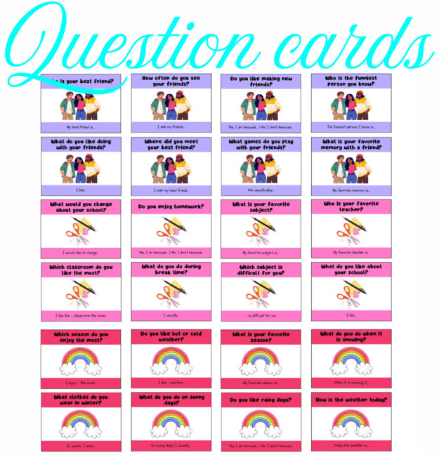 Question cards in English. Question Card Set. Family. Friends. School. Hobbies. Sports. Animals