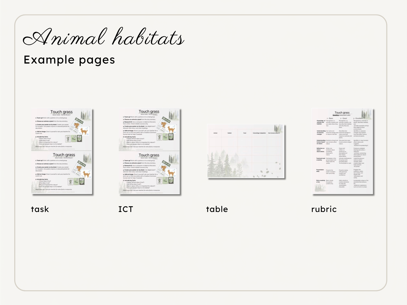 Animal habitats õppematerjali näitelehed posteriprojekti, ICT-ülesande, elupaikade tabeli ja hindamisrubriigiga