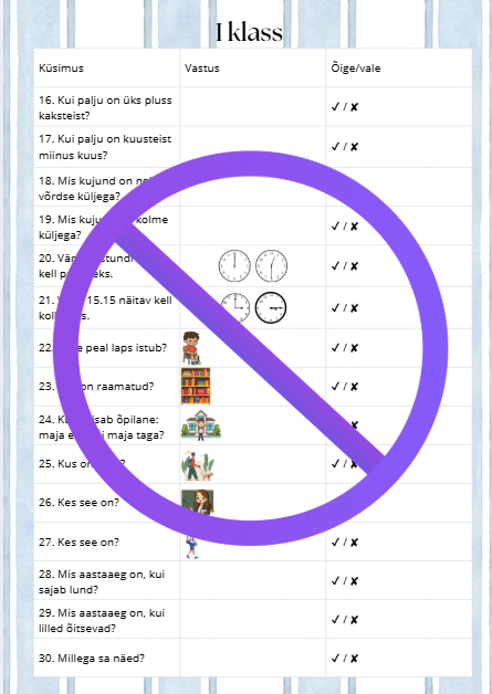 Kontrolltöölehed I klassile – lõputase ja 2. klassi sisseastumine (30 küsimust + vastused + hindamisjuhend) - Image 2