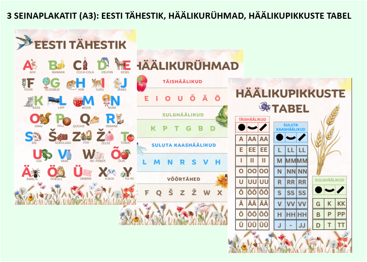 Tähestik, häälikurühmad, häälikupikkused - seinaplakatid (suur A3 formaat)