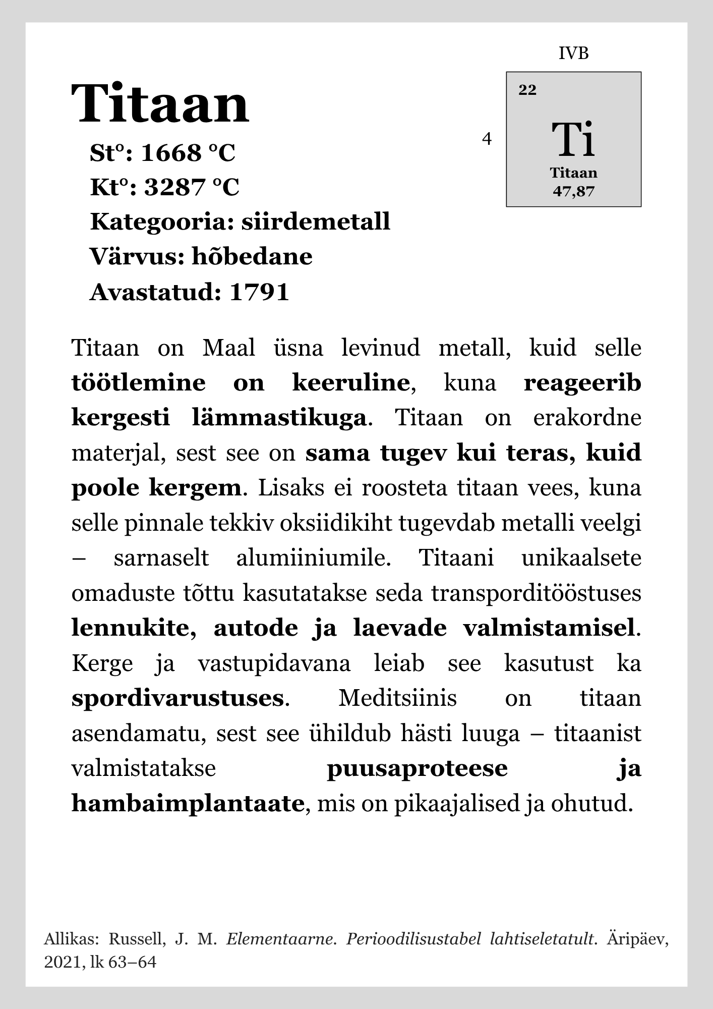 Keemilised elemendid - õppekaardid (A4 ja A5) - Pilt 6