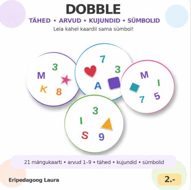 Dobble: Tähed, arvud, kujundid, sümbolid.