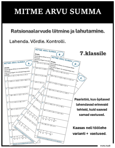 MITME ARVU SUMMA - töölehed paaristööks