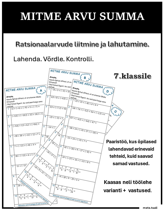 MITME ARVU SUMMA - töölehed paaristööks