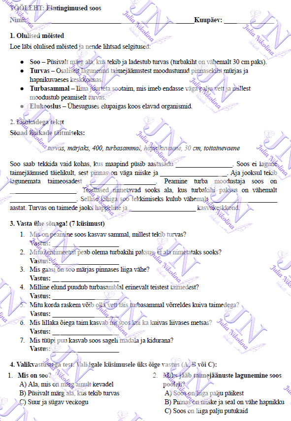 Tööleht „Elutingimused soos“ - Pilt 2