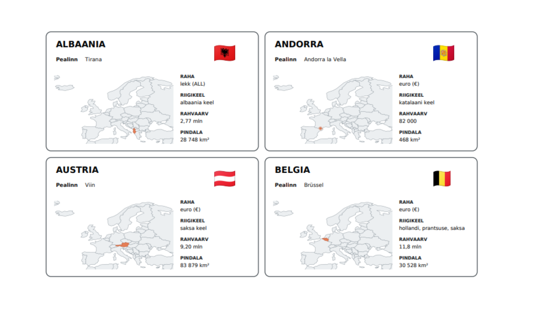 EUROOPA RIIGID – õppekaardid (46 TÜKKI)