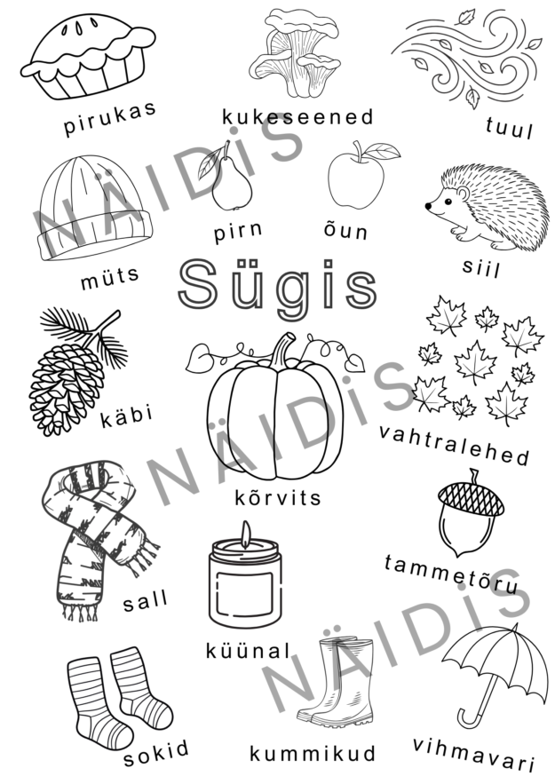 Sügis - kirjatähtedes sõna lugemine ja pildi värvimine