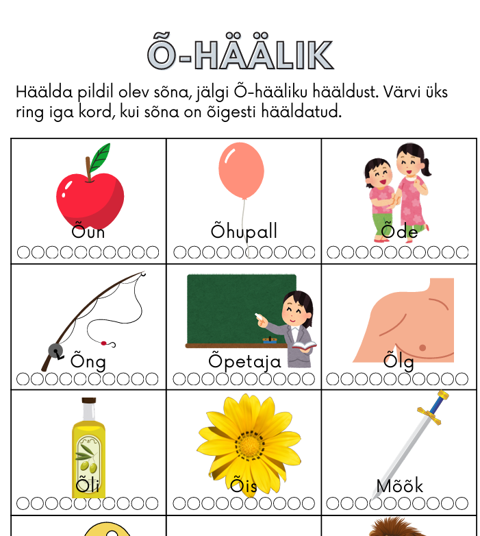 Õ-häälik sõna alguses ja sees/keskel (värvimine)